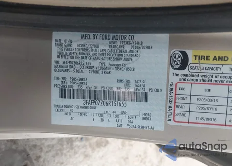 2006 Ford Fusion Se from USA, damaged, VIN 3FAFP07Z06R151655